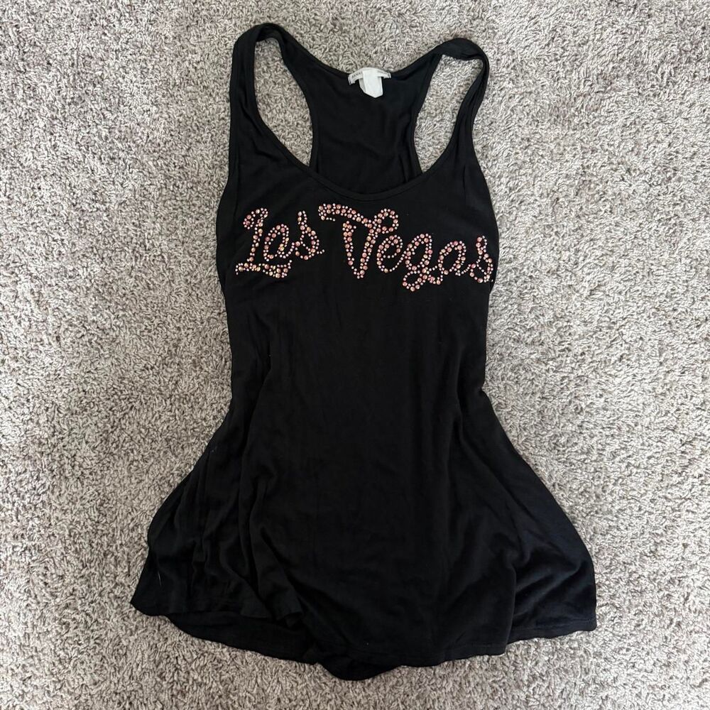 Black Banana Expression semi-sheer rhinestone tank top with “Las Vegas” rhinesto